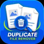 Duplicate File Remover APK app icon showing duplicate documents, a magnifying glass, and a trash bin for cleaning duplicate files on Android.